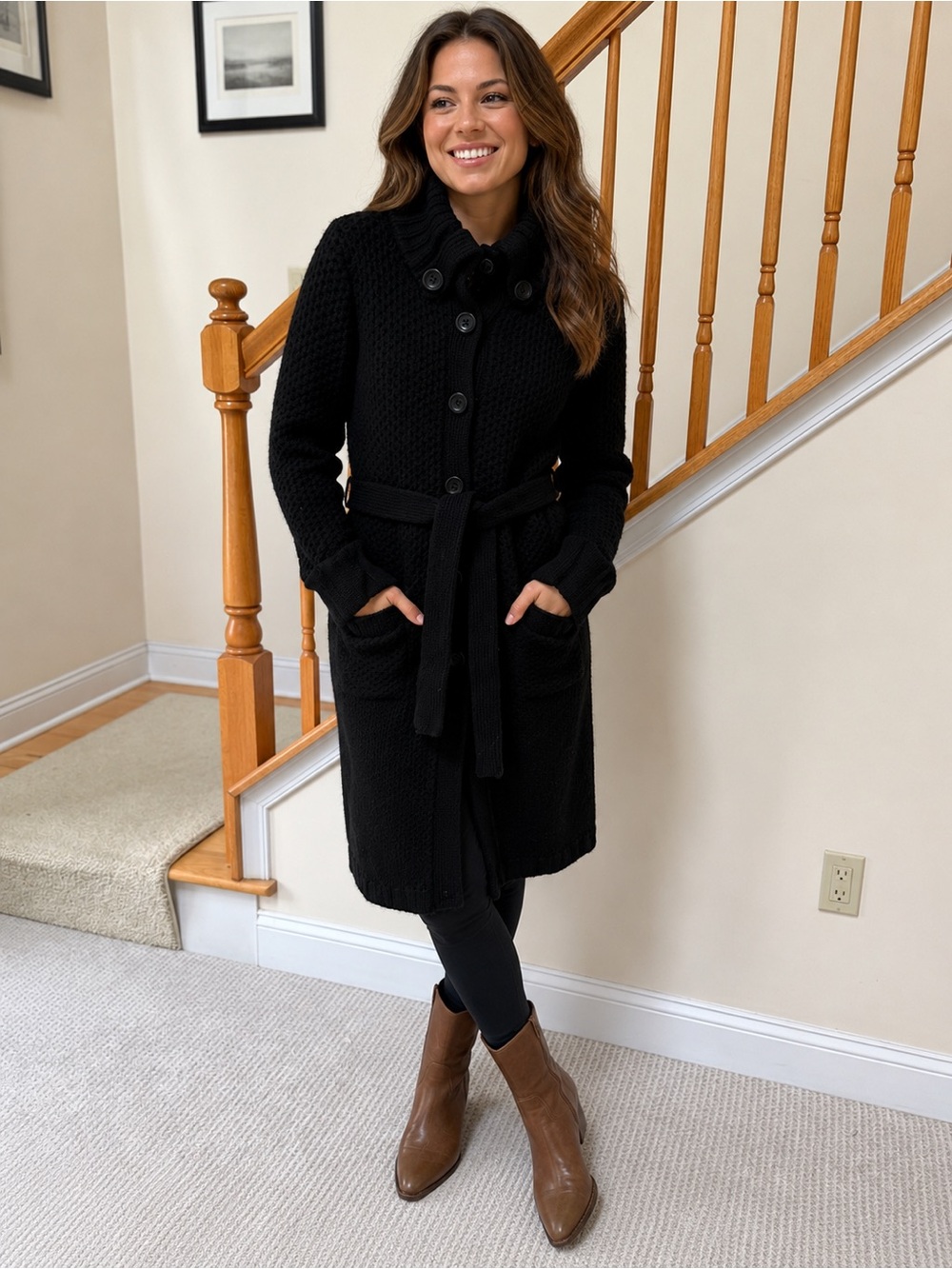 Moda International Black Long Knit Cardigan with Tie Belt